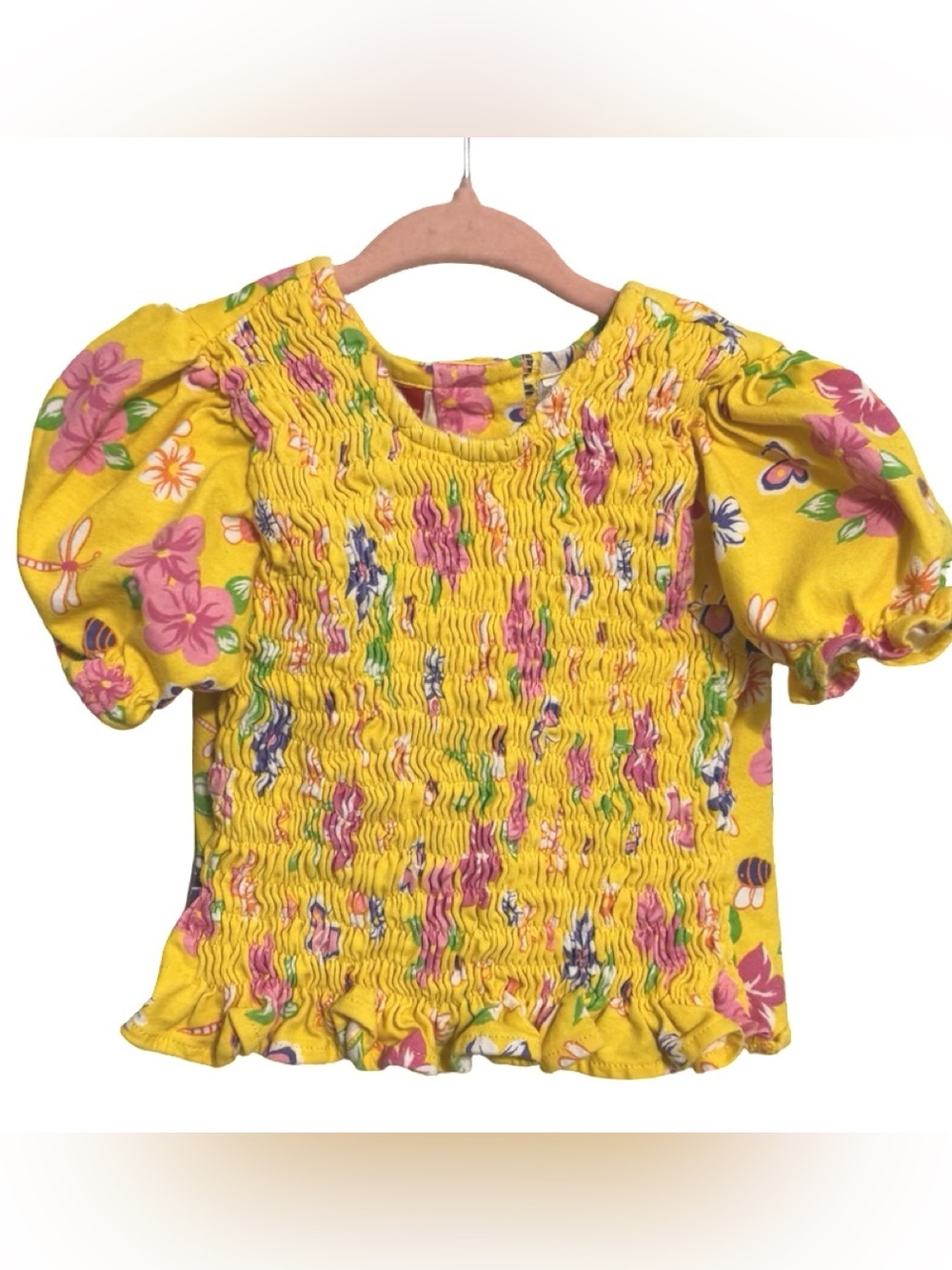 Vintage McKids Yellow Floral Smocked Puff Sleeve Ruffle Hem Top Girls Size 2T